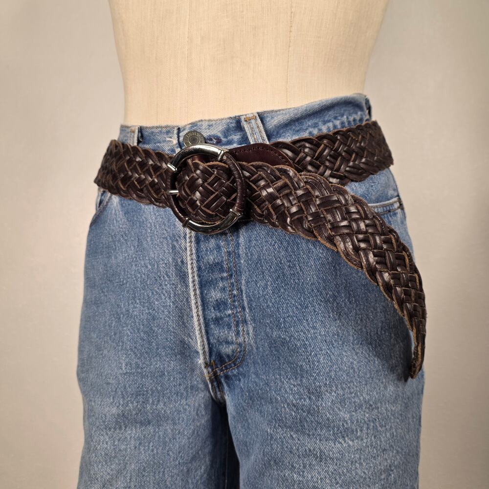 Vintage Brown Woven Leather Braided Belt Wide Boho Western Festival Talbots
